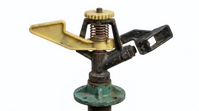 Vintage impact lawn sprinkler head isolated on white background for garden irrigation