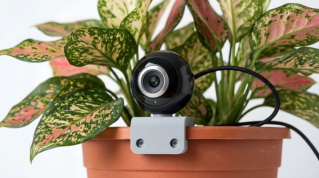 Webcam mounted on a houseplant pot for remote video conferencing in a home office setting