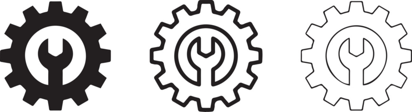 Set of three gear and wrench icons featuring a solid black silhouette style alongside outline and thin line art variations silhouette