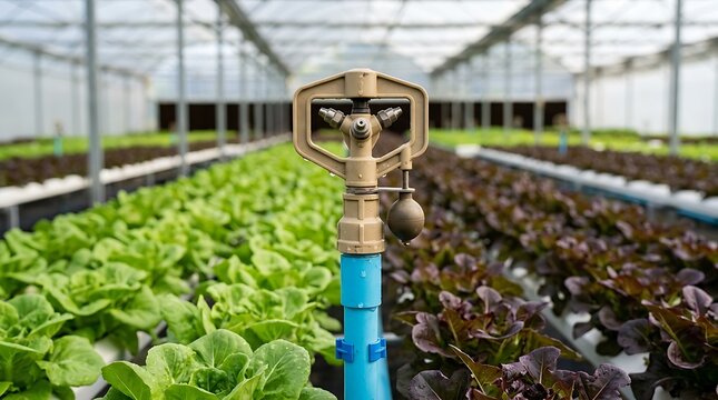 Water sprinkler system in a modern hydroponic greenhouse with rows of fresh green lettuce