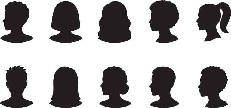 A collection of diverse human head profile portraits featuring various hairstyles and gender expressions presented in a minimalist black silhouette