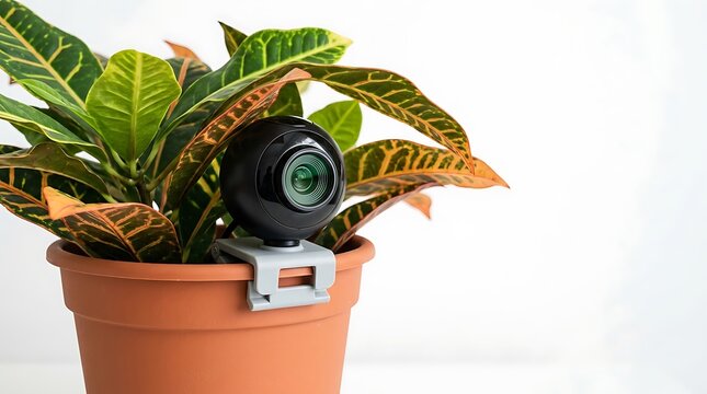 Webcam mounted on a houseplant pot representing surveillance or privacy in modern home office