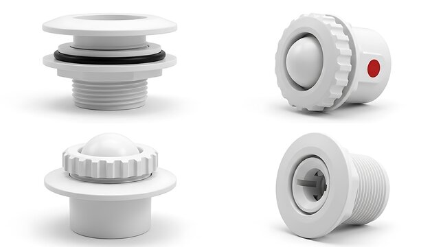 White plastic swimming pool jet nozzle assembly parts isolated on white background