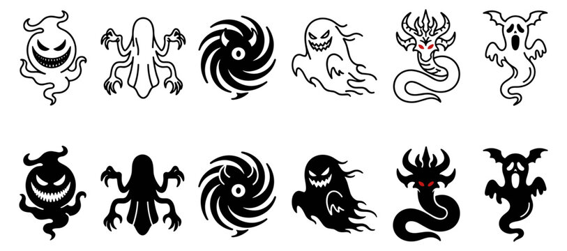 Set of black and white spooky ghost and monster icons with horror and Halloween themes on transparent background