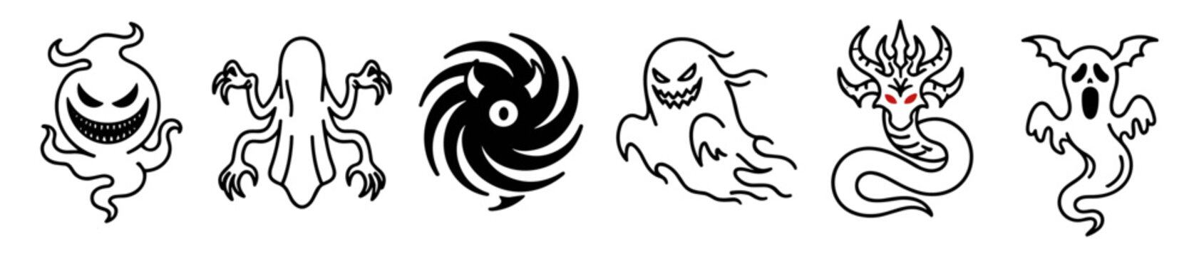 Set of six spooky black and white ghost and monster illustrations with various menacing expressions and designs on transparent background