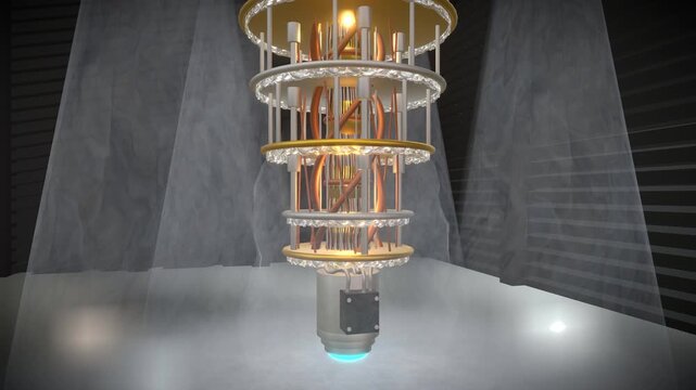 Wide smooth parallel tracking shot gliding alongside a quantum computer core featuring a cryogenically cooled golden processors suspended in an industrial vault, panoramic view.