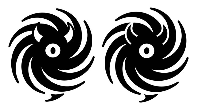 Abstract symmetrical black swirl designs with horn and tail elements resembling stylized devils on transparent background
