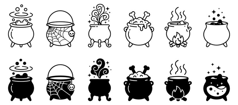 Collection of Halloween cauldron icons with magical, bubbling, and spooky elements on transparent background