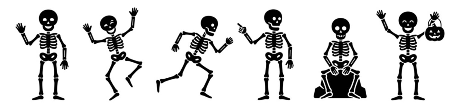 Set of six playful skeleton illustrations in various poses including waving, dancing, running, pointing, sitting, and holding a Halloween pumpkin bucket on transparent background