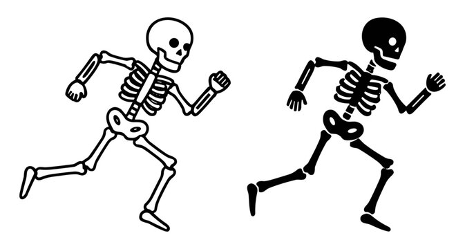 Illustration of two running skeletons in black and white style, simple and playful design on transparent background