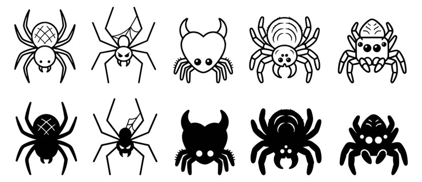 Set of eight different black and white spider icons with various shapes and expressions on transparent background