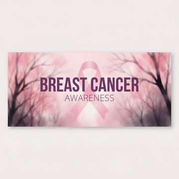 A beautiful artistic banner for breast cancer awareness month featuring a pink ribbon symbol and ethereal forest trees to support cancer survivors and medical research