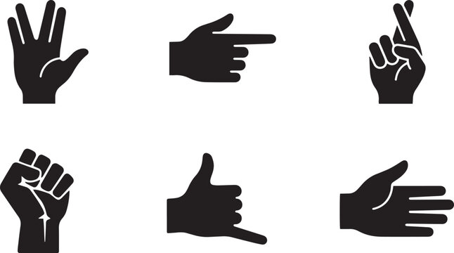 A collection of various hand gestures and finger signs displayed as a set of isolated black graphic icons in a distinct silhouette