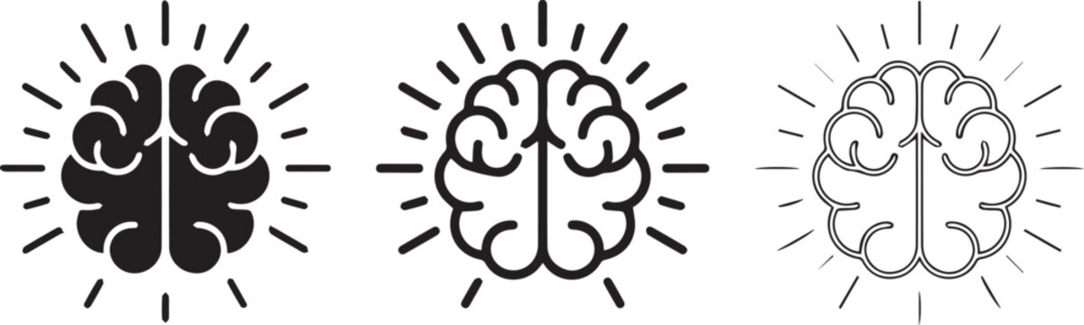 A set of three creative brain icons featuring a solid black silhouette style alongside outline and detailed versions for modern design projects silhouette