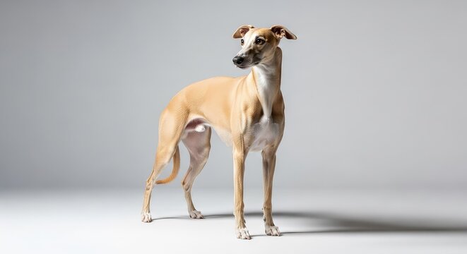Elegant whippet dog standing on a minimalist grey background in a professional photo studio. Sleek canine portrait with soft lighting, slender, quiet, peaceful