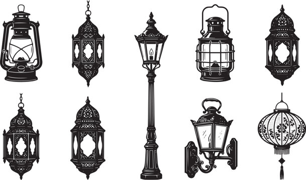 A collection of various vintage street lamps and decorative hanging lanterns presented in a clean and detailed black graphic silhouette