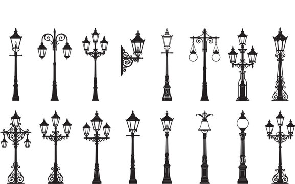 A collection of various vintage street lamp designs presented as a detailed black and white graphic illustration in a classic silhouette