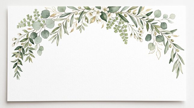 Elegant hand drawn floral arch frame with delicate leaves and botanical branches isolated on a clean white background