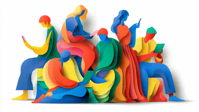 Colorful abstract sculptures representing diverse people sitting and interacting in modern art installation for creative visual design