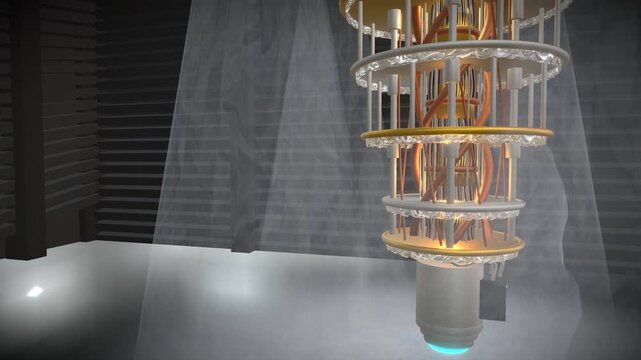 Wide cinematic forward jib approach gliding towards a quantum computer core featuring a cryogenically cooled golden processors suspended in an industrial vault, panoramic view.