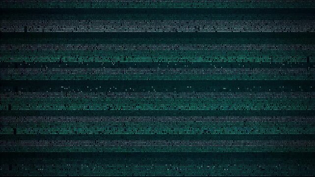 Digital data stream scrolling across dark grid with horizontal glitch, horizontal motion, static shot, green
