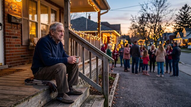 Senior man sitting alone on porch. Elderly person feeling lonely during neighborhood party.
