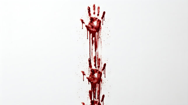 Happy Halloween day Bloody handprints on white background, dripping red blood hand smears, horror and crime scene concept with realistic liquid texture nice jpg