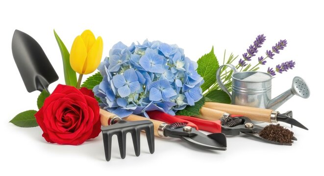 A gardening arrangement showcases various tools and flowers against a white background.