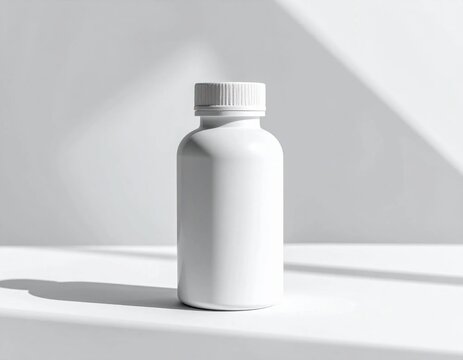 Blank white pill bottle mockup for supplement or medication branding, pharmaceutical packaging design, healthcare container