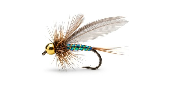 A close-up shot of a gold and blue streamer fly. The fly features a gold bead head, iridescent blue and green body, brown hackle, and white tips on the wings.