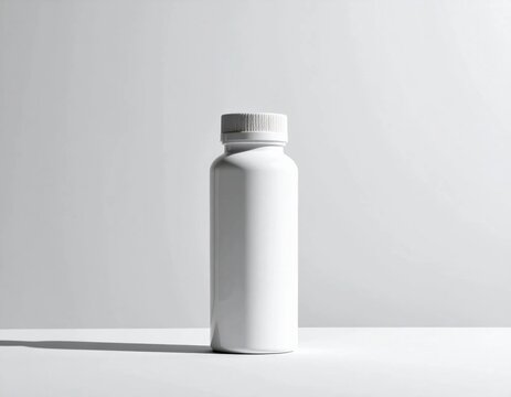 Isolated blank white plastic supplement bottle with cap, mockup for branding, medication packaging, health wellness product design