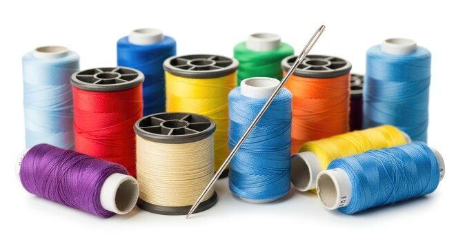 A collection of colorful sewing thread spools and a needle are arranged on a white surface. The thread spools are in various shades of blue, green, red, yellow, purple, and white.