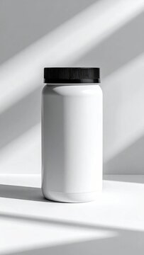 Isolated empty white plastic bottle with black cap, cylindrical container for cosmetics, medicine, supplements, skincare, branding mock-up
