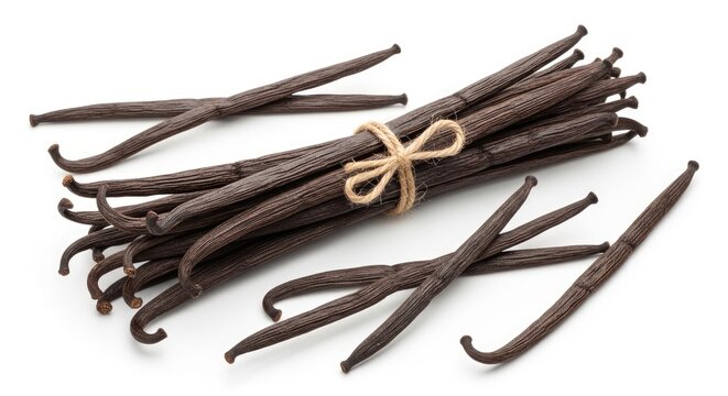 A bundle of vanilla beans is tied together with twine. The vanilla beans are dark brown and have a textured surface.