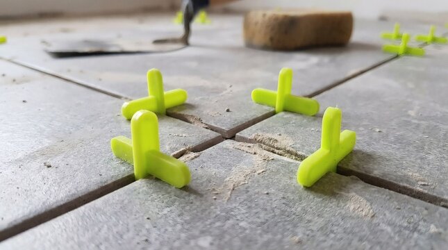 Green cross tile spacers in focus, used for leveling grey ceramic floor tiles during renovation or construction work.