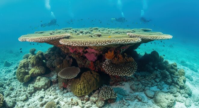 Large Table Coral Formation on Tropical Reef with Scuba Divers in Clear Blue Water