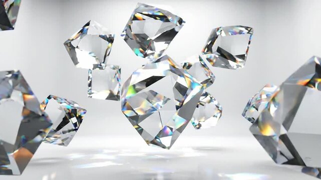 Brilliant faceted crystals shimmer dynamically in an abstract, reflective space, creating an elegant display of luxury, sparkle, and preciousness for upscale visual projects