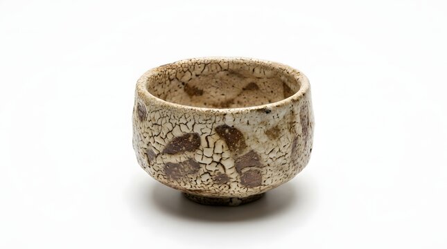 Handcrafted ceramic tea bowl with cracked glaze and earthy patterns isolated on white background for artisan tableware and wabi sabi decor