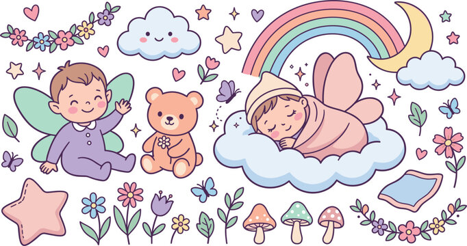 Cute pastel kawaii baby fairy vector elements set with teddy bear rainbow moon clouds and flowers
