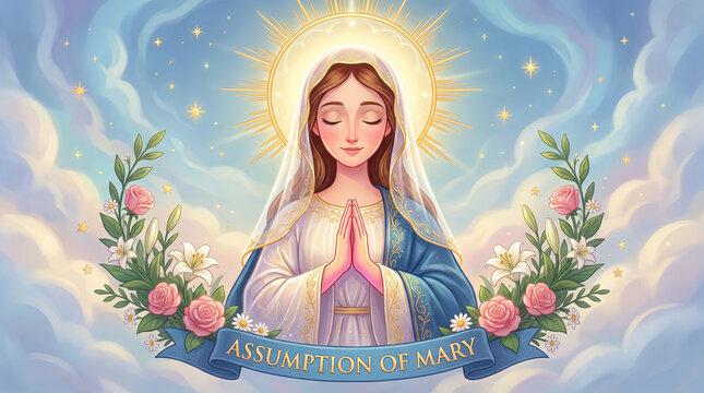 Assumption of Mary illustration with praying Virgin Mary, halo, and floral accents against a cloudy sky