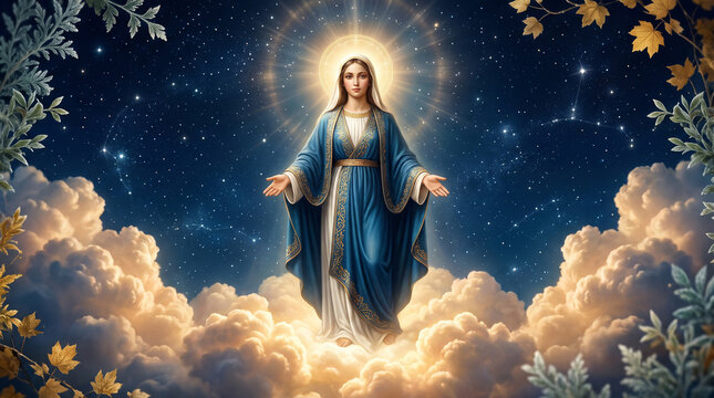 Illustration of the Assumption of Mary with halo and outstretched arms, floating on clouds under a starry night sky