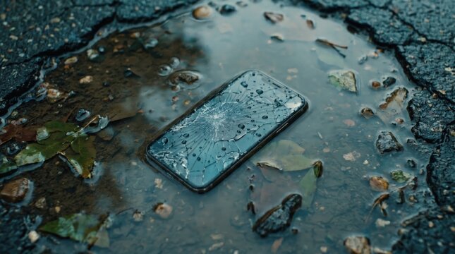Broken Smartphone with Cracked Screen Lying in a Puddle of Rainwater