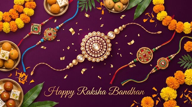 Elegant Raksha Bandhan Festival Background with Decorative Rakhis, Marigold Flowers, Indian Sweets, Golden Confetti and Happy Raksha Bandhan Greeting