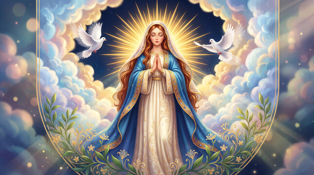 Vibrant illustration of the Assumption of Mary with doves and golden light against a cloudy sky