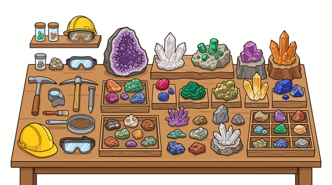 Geology table with various minerals, crystals, and mining tools for educational display.