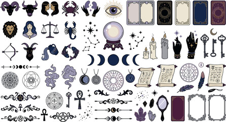 Witchcraft and mystical tarot vector element set with occult zodiac signs crystal ball magic candles and celestial scrolls © MdMonirul