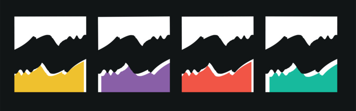 A collection of square icons displaying mountain silhouettes in yellow purple red and teal. These clean vector designs are suitable for mobile app development and web navigation buttons.