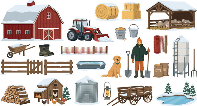 Winter farm life vector element set with snowy red barn tractor hay bales livestock shed chicken coop and agricultural worker icons