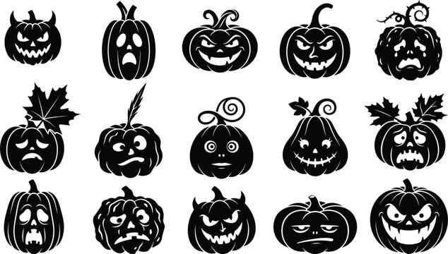 Collection of spooky halloween pumpkin faces featuring a hand drawn sketch style vector silhouette
