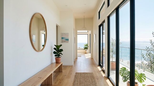 Modern Coastal Hallway with Ocean View and Minimalist Wooden Bench